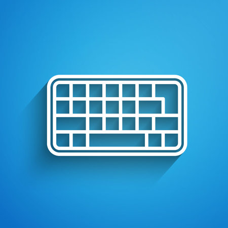 White line Computer keyboard icon isolated on blue background. PC component sign. Long shadow....