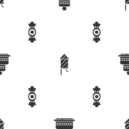 Set Cake, Firework rocket and Candy on seamless pattern. Vectorのイラスト素材