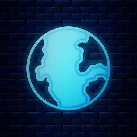 Glowing neon Earth globe icon isolated on brick wall background. World or Earth sign. Global internet symbol. Geometric shapes. Vectorのイラスト素材