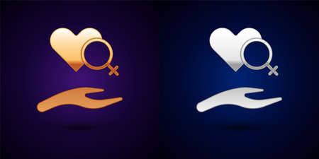 Gold and silver Heart with female gender symbol icon isolated on black background. Venus symbol. The symbol for a female organism or woman. Vectorのイラスト素材