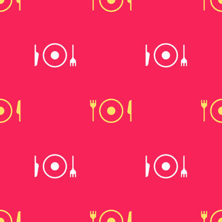 Yellow Plate, fork and knife icon isolated seamless pattern on red background. Cutlery symbol. Restaurant sign. Vectorのイラスト素材
