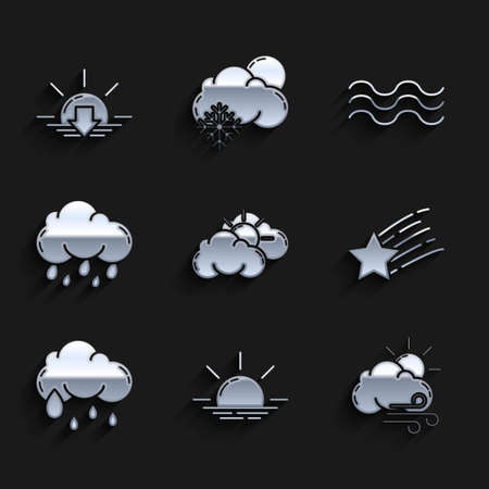 Set Sun and cloud weather Sunrise Windy Falling star Cloud with rain Waves and Sunset icon. Vector.のイラスト素材