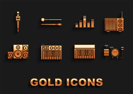 Set Music synthesizer, Radio with antenna, Drums, Stereo speaker, equalizer, Microphone and sticks icon. Vectorのイラスト素材