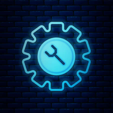 Glowing neon Wrench and gear icon isolated on brick wall background. Adjusting, service, setting, maintenance, repair, fixing. Vectorのイラスト素材