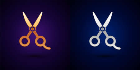 Gold and silver Scissors hairdresser icon isolated on black background. Hairdresser, fashion salon and barber sign. Barbershop symbol. Vectorのイラスト素材
