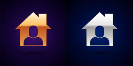 Gold and silver Online working icon isolated on black background. Freelancer man working on laptop at his house. Remote work. Distant job concept. Vectorのイラスト素材