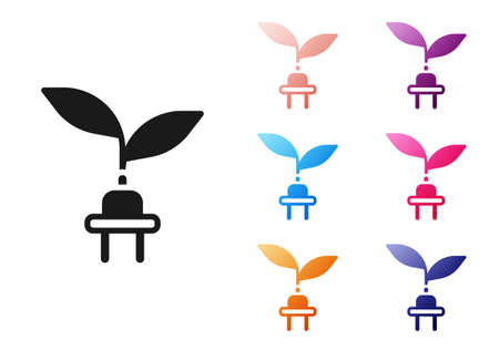 Black Electric saving plug in leaf icon isolated on white background. Save energy electricity. Environmental protection. Bio energy. Set icons colorful. Vectorのイラスト素材