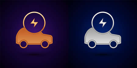 Gold and silver Electric car and electrical cable plug charging icon isolated on black background. Renewable eco technologies. Vectorのイラスト素材