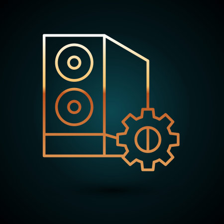 Gold line Case of computer setting icon isolated on dark blue background. Computer server. Workstation. Adjusting, service, maintenance, repair, fixing. Vectorのイラスト素材