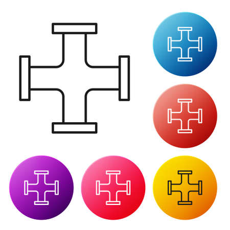 Black line Industry metallic pipe icon isolated on white background. Plumbing pipeline parts of different shapes. Set icons colorful circle buttons. Vectorのイラスト素材