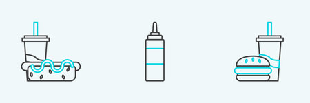 Set line Paper glass with drinking straw and burger, hotdog and Sauce bottle icon. Vectorのイラスト素材