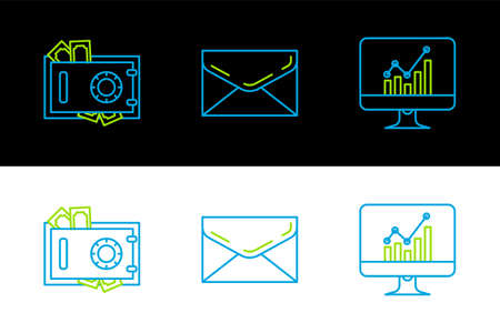 Set line Computer monitor with graph chart, Safe and money and Envelope icon. Vectorのイラスト素材