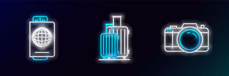 Set line Photo camera, Passport with ticket and Suitcase for travel icon. Glowing neon. Vectorのイラスト素材