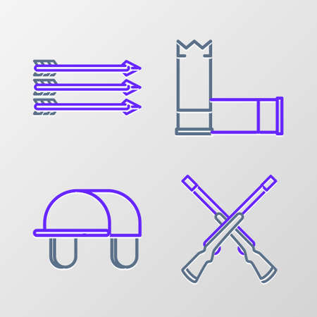 Set line Two crossed shotguns, Hunter hat, Cartridges and Hipster arrows icon. Vectorのイラスト素材