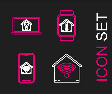Set line Smart home with wifi, Mobile phone smart, watch house temperature and Laptop and light bulb icon. Vectorのイラスト素材