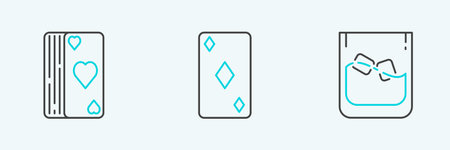 Set line Glass of whiskey and ice cubes, Deck playing cards and Playing with diamonds symbol icon....