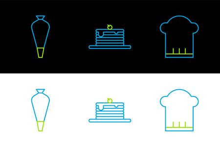 Set line Chef hat, Pastry bag for decorate cakes and Stack of pancakes icon. Vectorのイラスト素材