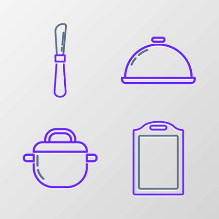 Set line Cutting board, Cooking pot, Covered with tray of food and Knife icon. Vectorのイラスト素材
