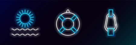 Set line Carabiner, Sun and waves and Lifebuoy icon. Glowing neon. Vectorのイラスト素材