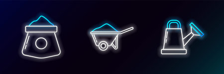 Set line Watering can, Bag of flour and Wheelbarrow with dirt icon. Glowing neon. Vectorのイラスト素材