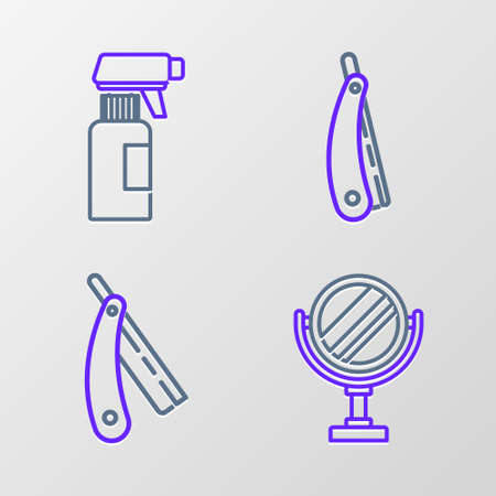Set line Round makeup mirror, Straight razor, and Hairdresser pistol spray bottle icon. Vectorのイラスト素材