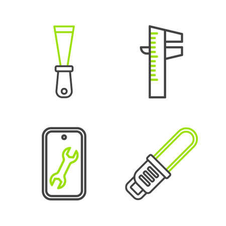 Set line Chainsaw, Mobile service, Calliper or caliper and scale and Putty knife icon. Vectorのイラスト素材