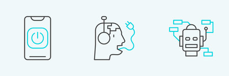 Set line Robot, Turn off robot from phone and charging battery icon. Vector