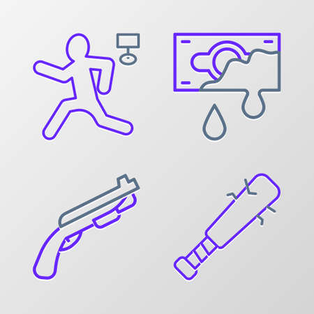 Set line Baseball bat with nails, Police shotgun, Bloody money and Murder icon. Vectorのイラスト素材