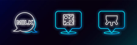 Set line Udder, Lettering milk and Cheese icon. Glowing neon. Vector