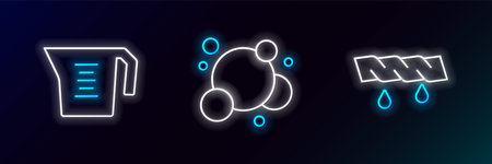 Set line Squeeze clothes, Measuring cup and Soap water bubbles icon. Glowing neon. Vector