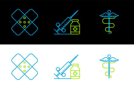 Set line Caduceus snake medical symbol, Crossed bandage plaster and Medical syringe with needle vial or ampoule icon. Vectorのイラスト素材