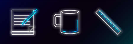 Set line Ruler, Blank notebook and pen and Coffee cup flat icon. Glowing neon. Vectorのイラスト素材