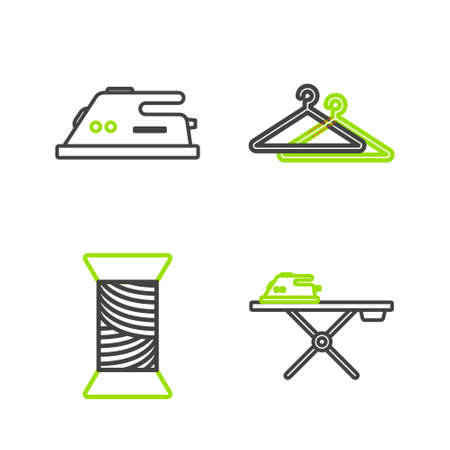 Set line Electric iron and ironing board, Sewing thread spool, Hanger wardrobe and icon. Vectorのイラスト素材