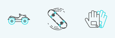 Set line Gloves, All Terrain Vehicle or ATV motorcycle and Skateboard trick icon. Vector