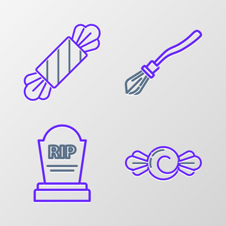 Set line Candy, Tombstone with RIP, Witches broom and icon. Vectorのイラスト素材