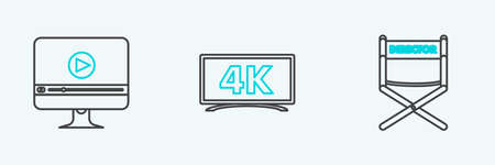 Set line Director movie chair, Online play video and icon. Vectorのイラスト素材