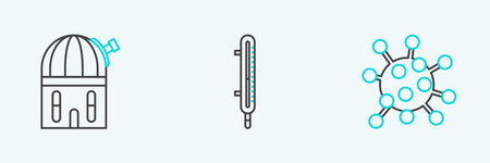 Set line Bacteria, Astronomical observatory and Meteorology thermometer measuring icon. Vector