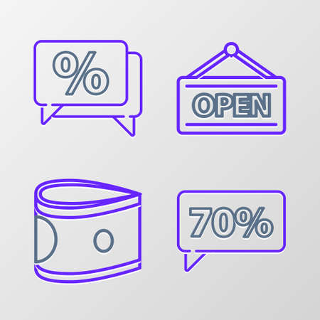 Set line Seventy discount percent tag, Stacks paper money cash, Hanging sign with Open and Discount icon. Vectorのイラスト素材