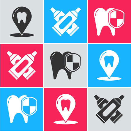 Set Dental clinic location, Crossed tube of toothpaste and Dental protection icon. Vectorのイラスト素材