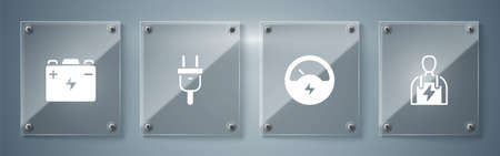 Set Car mechanic, Voltmeter, Electric plug and battery. Square glass panels. Vectorのイラスト素材