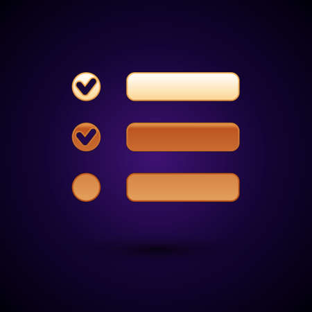 Gold Task list icon isolated on black background. Control list symbol. Survey poll or questionnaire feedback form. Vector Illustrationのイラスト素材