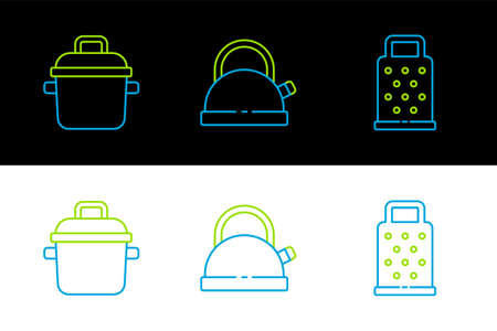 Set line Grater, Cooking pot and Kettle with handle icon. Vectorのイラスト素材