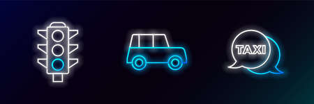Set line Taxi call telephone service, Traffic light and Car icon. Glowing neon. Vectorのイラスト素材