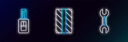 Set line Wrench spanner, Car key with remote and tire wheel icon. Glowing neon. Vector