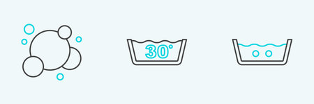 Set line Temperature wash, Soap water bubbles and icon. Vector