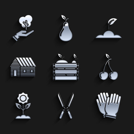 Set Wooden box for fruits and vegetables, Gardening handmade scissors trimming, gloves, Cherry, Flower, Farm house, Sprout and Tree of environmental protection icon. Vectorのイラスト素材