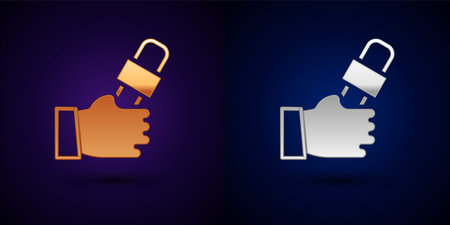 Gold and silver Journalist hand holding microphones performing interview icon isolated on black...