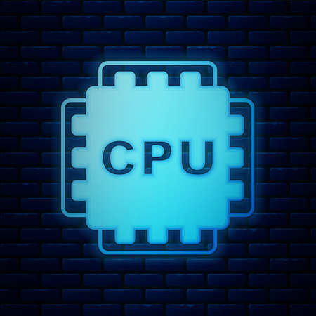 Glowing neon Computer processor with microcircuits CPU icon isolated on brick wall background. Chip or cpu with circuit board. Micro processor. Vectorのイラスト素材
