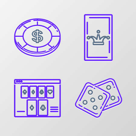 Set line Game dice, Online poker table game, Joker playing card and Casino chip with dollar symbol icon. Vectorのイラスト素材