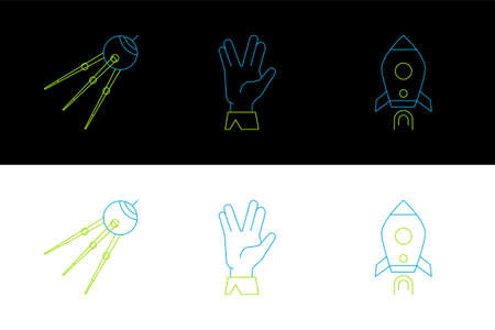Set line Rocket ship with fire, Satellite and Vulcan salute icon. Vectorのイラスト素材
